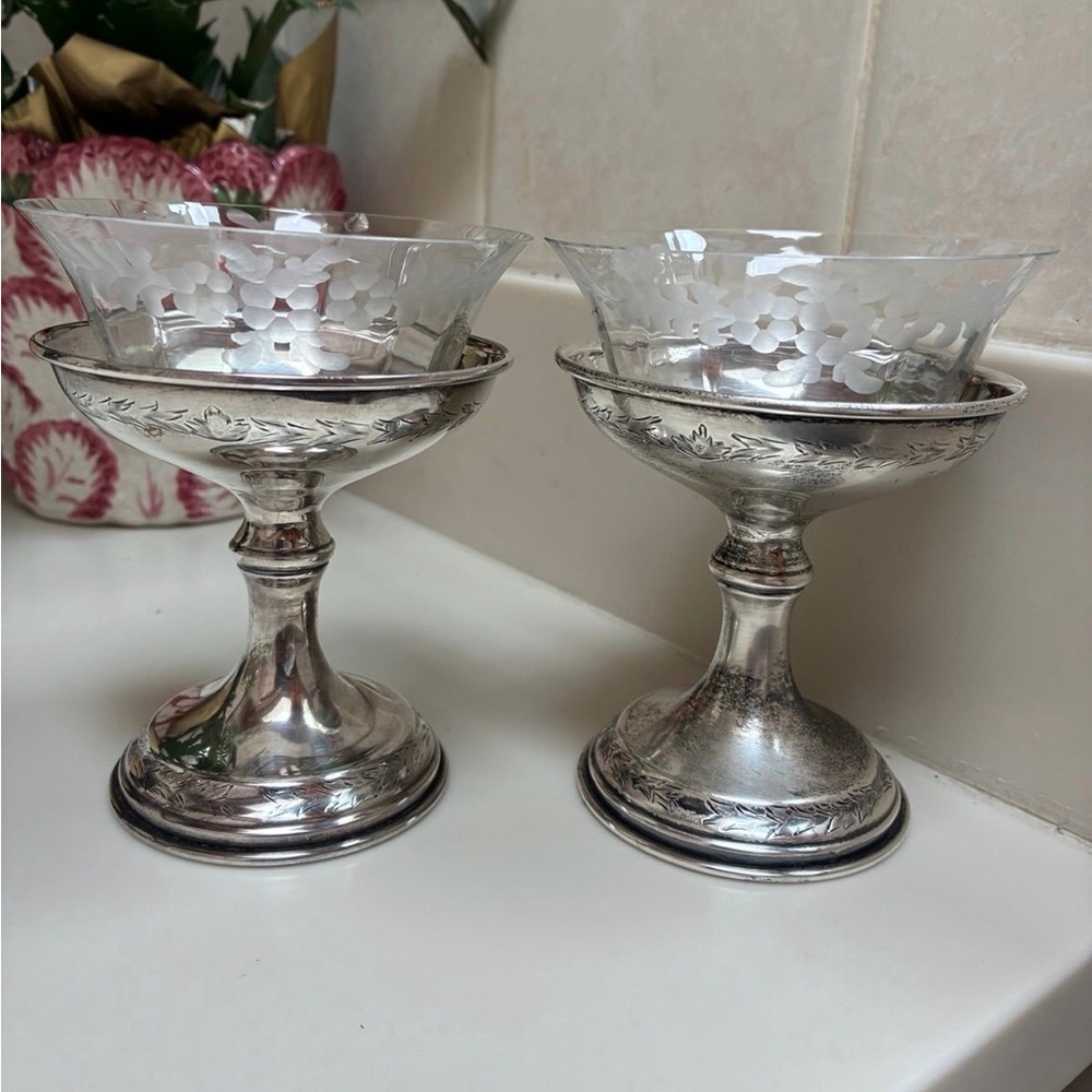 Pair of Etched Glass Dessert Cups with Sterling Silver Compotes